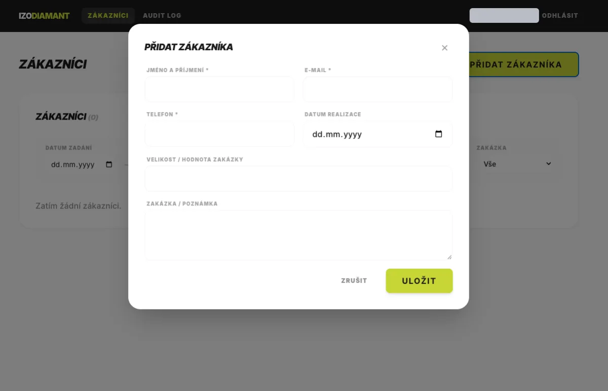 IZODIAMANT — login-gated mini-CRM for managing leads, contacts and jobs
