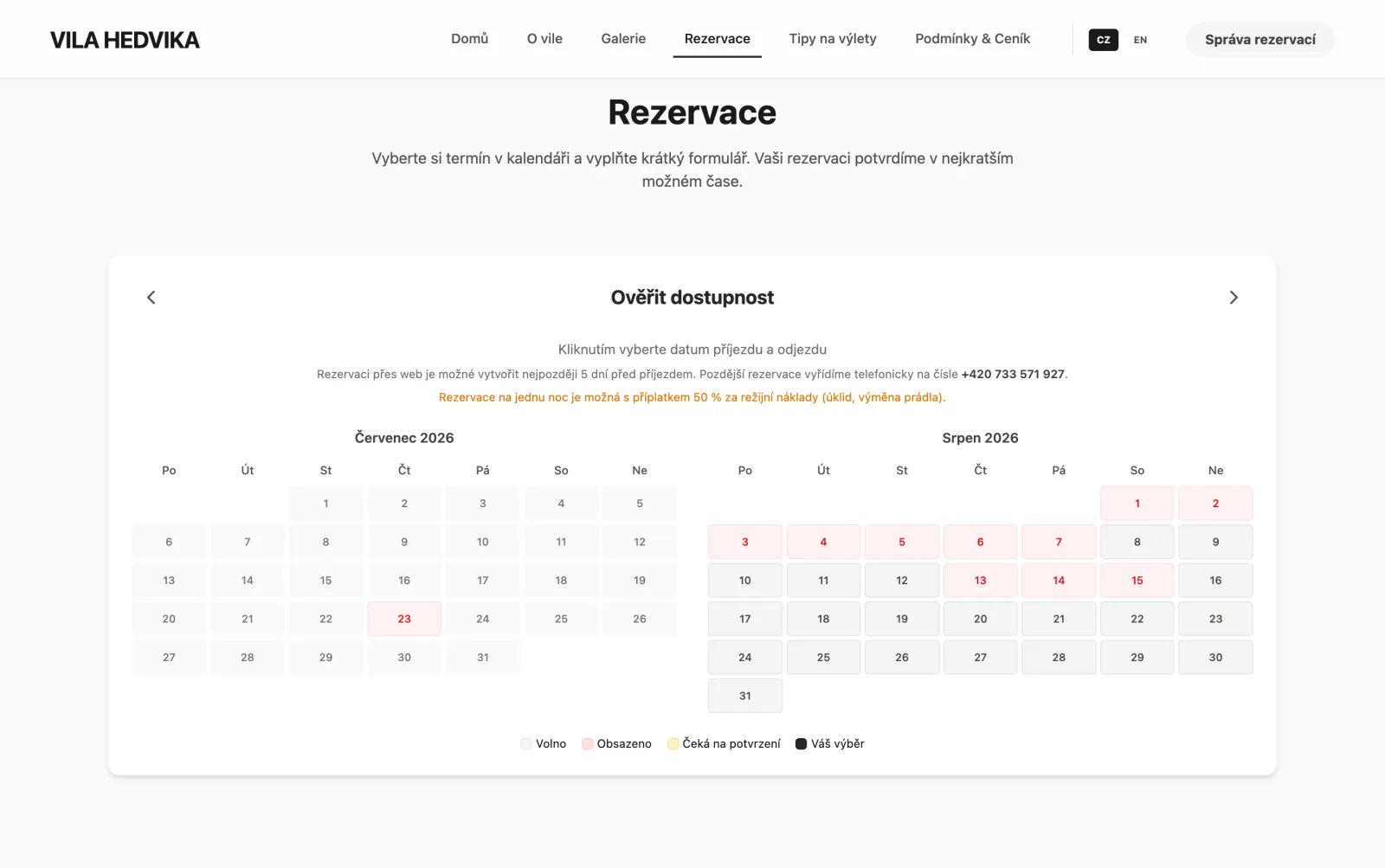 Vila Hedvika — real-time booking availability calendar
