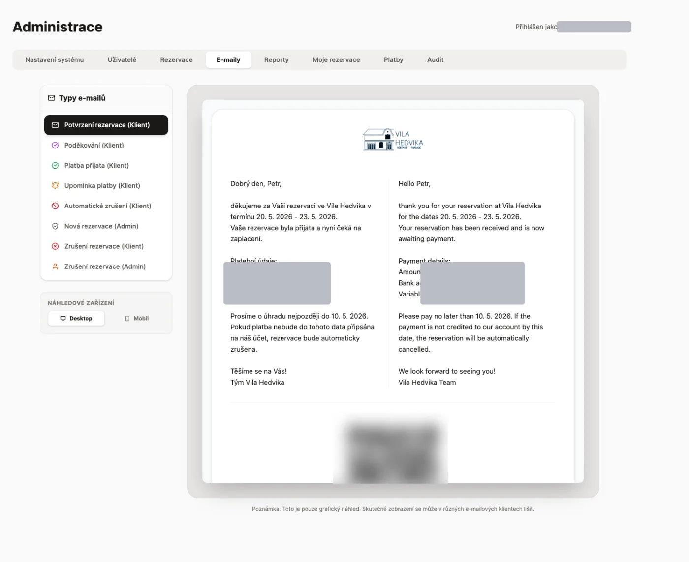 Vila Hedvika — bilingual booking-confirmation e-mail with a QR payment code