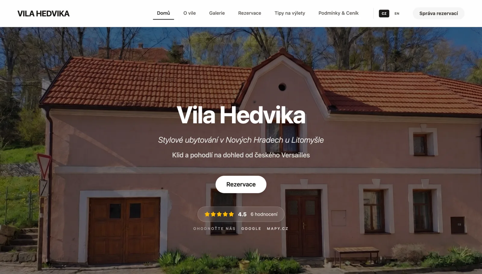 Vila Hedvika — homepage with a live Google / Mapy.cz rating badge