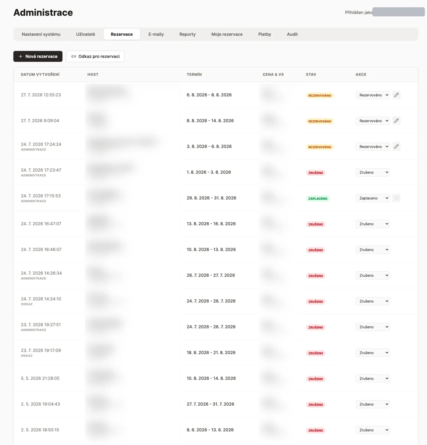 Vila Hedvika — admin reservation pipeline (reserved / paid / cancelled)