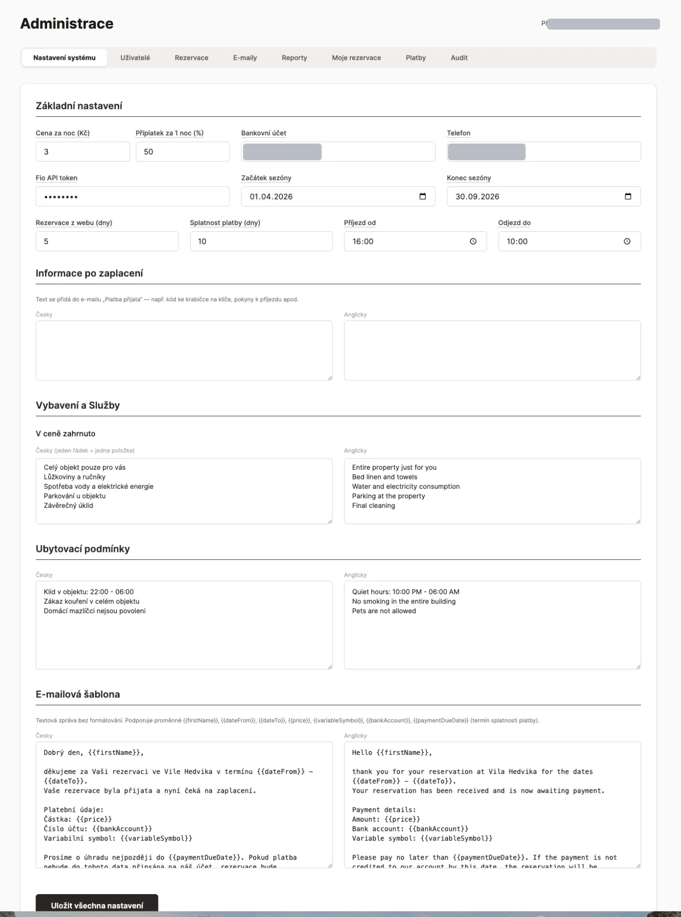 Vila Hedvika — admin settings: price, season, payment windows, amenities and e-mail templates
